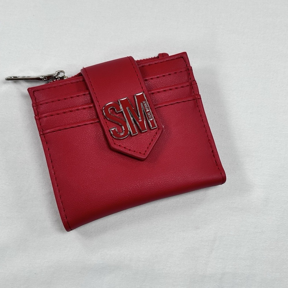 NEW Steve Madden Card Case Wallet Zipper Coin Pocket 9 Cards Bills Red Metal